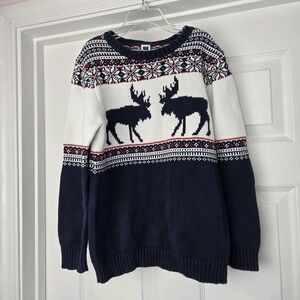 Janie And Jack Navy Moose Fair Isle‎ Holiday Sweater Boys Size 8 Cotton